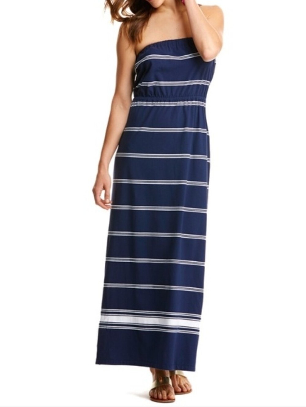 NWOT Vineyard Vines Strapless Striped Knit Maxi Dress Navy Blue Large